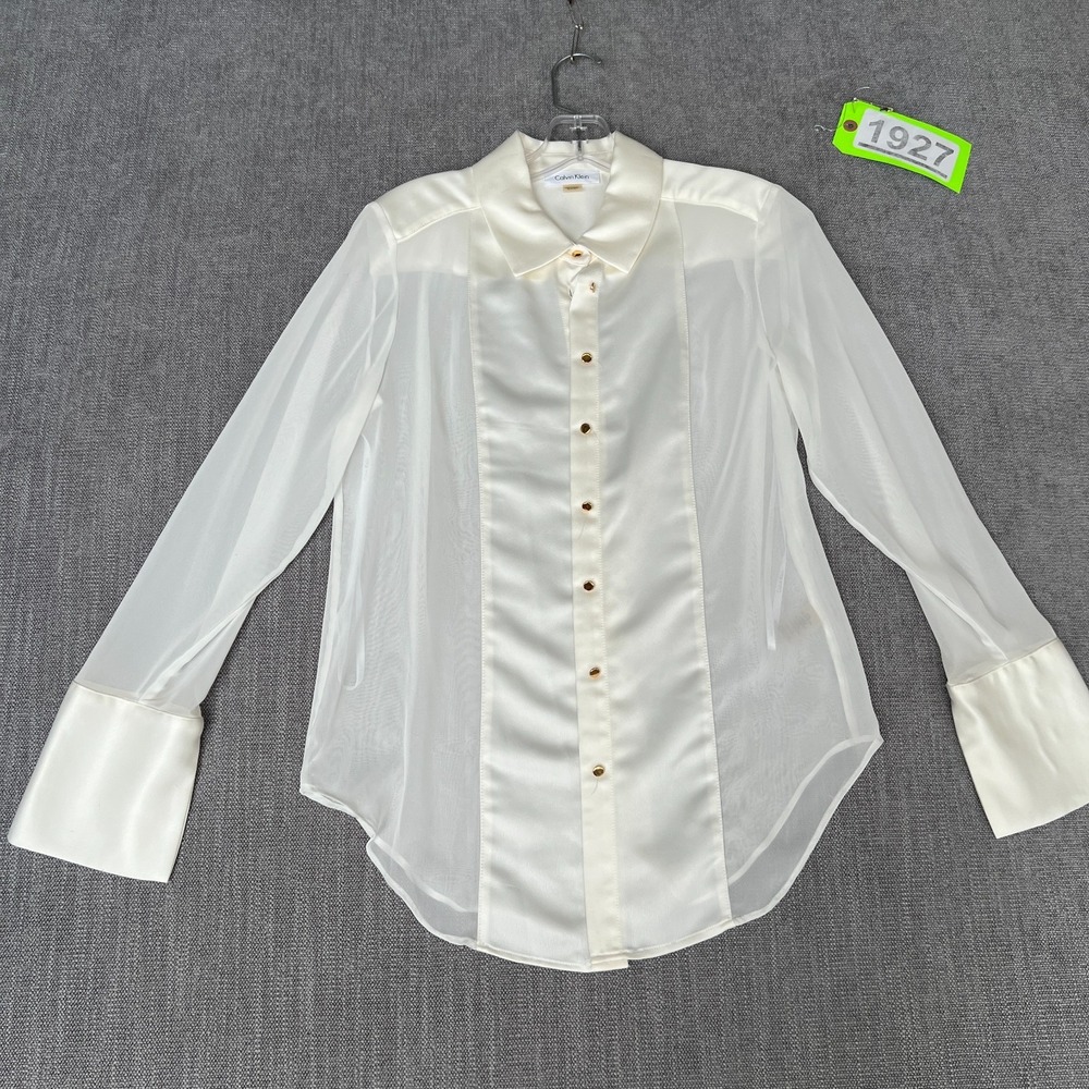 Calvin Klein Sheer Shirt Top Womens S White Long Sleeve Pleasant Chic Button Up